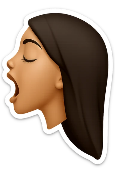 Create a side view (profile) of this woman's head in the normal iPhone emoji style, with closed eyes, long eyelashes, mouth open wide, smooth shading, no outlines, long dark hair, and lips clearly visible. Variant 4. sticker