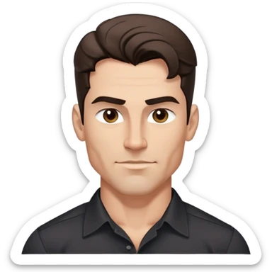 Strong athletic man with buff build, youthful 40s appearance, light brown complexion, elongated face, defined jawline, attractive confident smirk, intense dark eyes, medium eyebrows, straight nose, medium wavy dark hair, wearing a black button-down shirt that shows his muscular build sticker