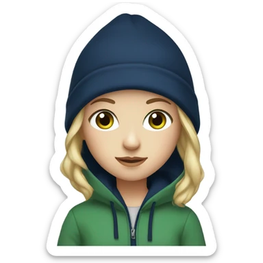 A white girl with blonde short hair and green eyes wearing a navy blue hoodie  sticker