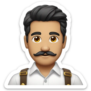 close up of white skin indian in plain white shirt with sleeve up and quiff black hair style and mustach sticker