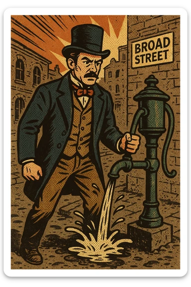 A victorian man standing on a dirty london street called Broad Street standing next to a broken water pump sticker
