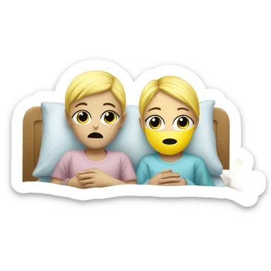 Two blonde children, each in their own bed at home, sick, sad, each wearing a surgical mask, one is a Boy, one is a girl, get well soon sign with yellow heart sticker