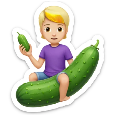 Blonde kid with purple shirt riding a cucumber sticker