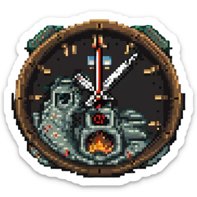 A clock showing 38 minutes, with a smoking gun and a destroyed palace in the background sticker