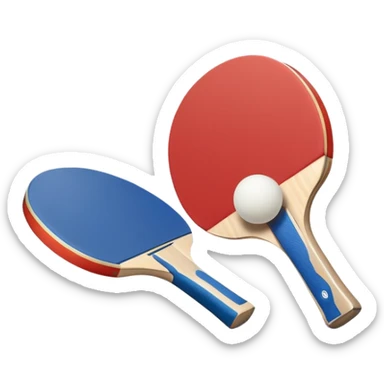 Two table tennis paddles crossed over a ping pong ball, placed on a smooth, reflective table. The background suggests a clean, minimalist playing surface, capturing the precision and fast-paced nature of the sport. sticker