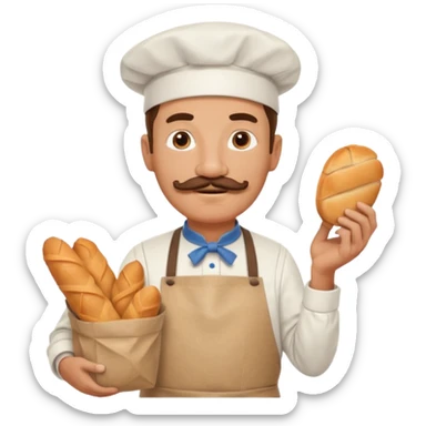 Middle aged male pastry chef - with a mustache, apron, white hat, holding a bag of bread sticker