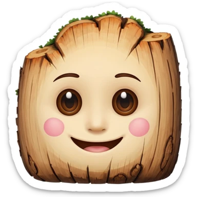 a log emoji. the top of the log is a smiley face with two small dots for eyes and a large U shape for the mouth. do not make the face look like an emoji. think of cute, subtle and hand-drawn sticker
