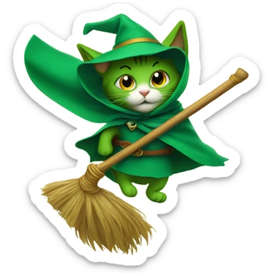 Green Cat on a broomstick with a cape  sticker