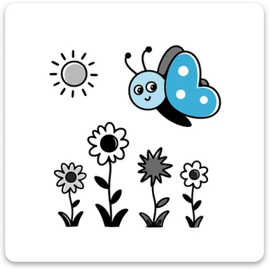 Blue butterfly with a cheerful smile flying around spring flowers and sunshine sticker