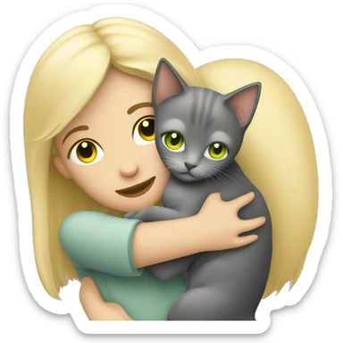 blonde girl hugs a gray cat with green-yellow eyes sticker