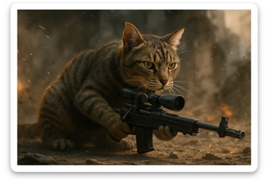 a realistic cat with a sniper rifle, action scene sticker