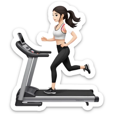 Девушка белокожая на беговой дорожке, с длинными темными волосами, в одежде для йоги - черные лосины, белый короткий топ на тонких лямках, с черными ресницами sticker
