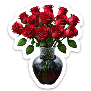 Hyperrealism, still life, black to red colorshifting bouquet of lush roses, black satin ribbon, translucent vase with water, on dark wooden table,  sticker