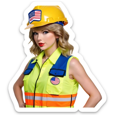 Taylor Swift is a construction worker wearing a patriotic dress with a neon yellow safety vest over the dress. she also has a hard hat and a patriotic patch on the vest sticker