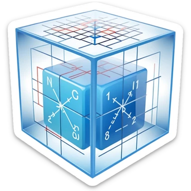 An icon featuring a transparent cube with geometric sections and mathematical calculations, symbolizing the study of mathematics. The design includes algebraic formulas, graphs, and mathematical symbols, representing advanced mathematical concepts and problem-solving. Transparent background sticker