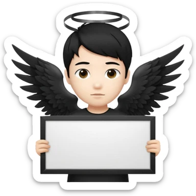 Asian Boy Angel with black hair black halo and black wings holding a large blank sign sticker