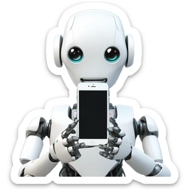 a humanoid robot looking at his iphone sticker