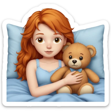 ginger girl cuddle in bed with teddy sticker