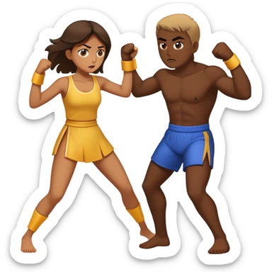 Tan girl fighting a dark guy, full body, girl winning  sticker