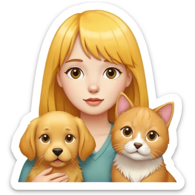 Girl with yellow bangs surrounded by golden retriever and three cats sticker