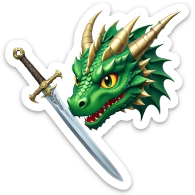 fierce green dragon head confronting wide-bladed medieval sword, classic hilt, robust antique look, clear simple features sticker