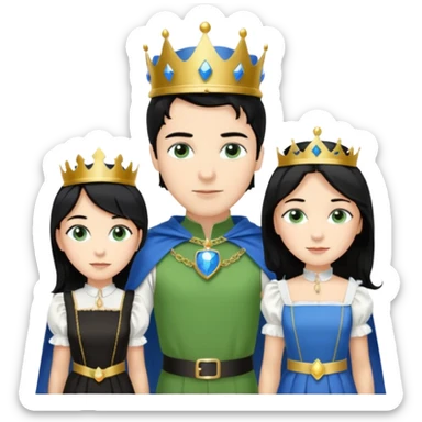 Prince with crown, blue cape and trousers, body and legs, black hair, blue eyes and maid, blonde hair, green eyes, sexy white short sleveless dress,  sticker