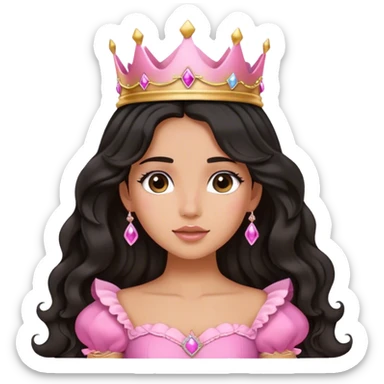 Very very tanned princess, with long black wavy hair and crown and an pink princess outfit with a cute pose switch hand on her face sticker