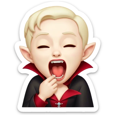 Cinematic Cute Yawning Vampire Portrait Emoji, with a small, rounded, charming pale face accented with tiny playful fangs and droopy, half-closed eyes, head tilted in an adorable wide yawn, dressed in miniature elegant dark attire with a hint of crimson, simplified yet irresistibly endearing, highly detailed with a soft, mysterious glow and gentle outline that captures the cute, drowsy side of an immortal! sticker