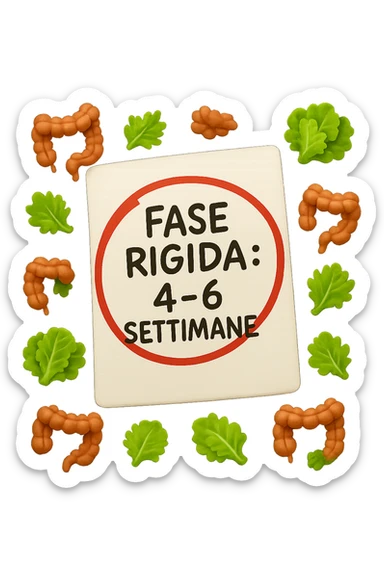 EMOJI STILE IPHONE DI UN foglio di carta fluttua in aria con la scritta "FASE RIGIDA: 4-6 SETTIMANE" CERCHIATA A PENNA IN ROSSO, ATTORNO AL FOGLIO FLUTTUANO PICCOLI TRATTI DI COLON UMANO IN STILE EMOJI E FOGLIE DI INSALATA, REALISTICA 4K sticker
