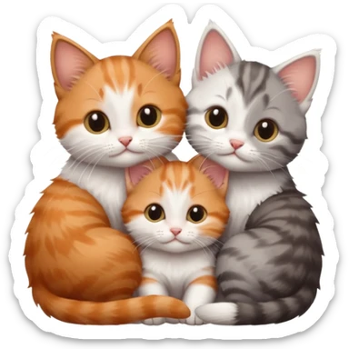 3 very small kittens cuddling together all different colours, the first one is grey and white, the second is ginger and white and the third is brown tabby and white sticker