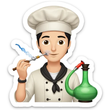 A white guy with black hair and smoking a hookah with a Chef's hat sticker