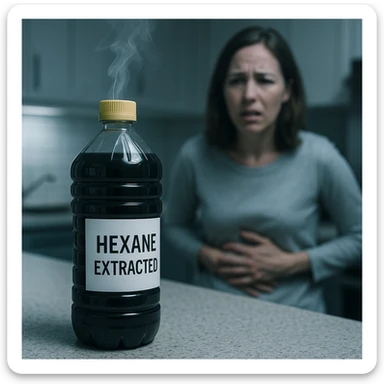 photorealistic kitchen scene with a bottle of dark, unnatural-looking vegetable oil labeled 'Hexane extracted', faint toxic vapor rising from the bottle, background with a blurred worried person holding their stomach, cold clinical lighting, surreal tense atmosphere sticker
