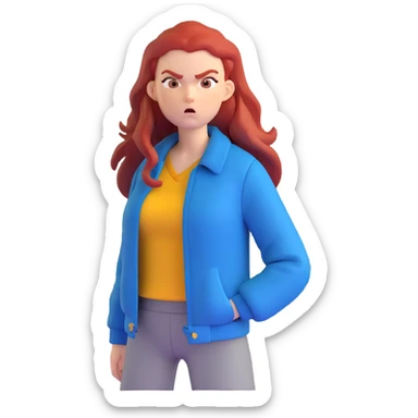 Redhead girl with long hair in blue jacket looking angry sticker