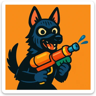 mischievous black German Shepherd in a ski mask, holding a water gun, vibrant and fun sticker