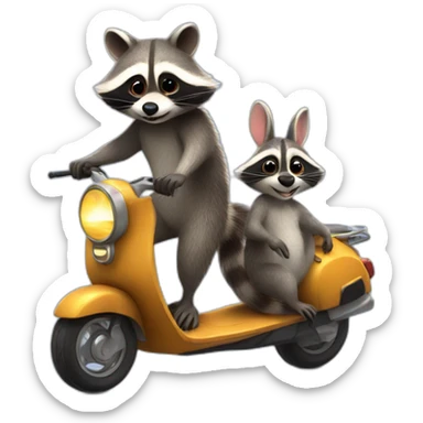 raccoon giving a ride to bunny both on a scooter sticker