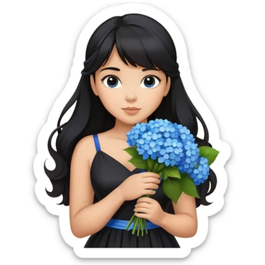 Latina girl with bangs black long hair in pony tail plus size black dress holding a blue bouquet of hydrangeas sticker