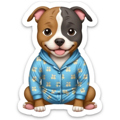 a brindled, black and tan pit bull wearing comfy pajamas sticker