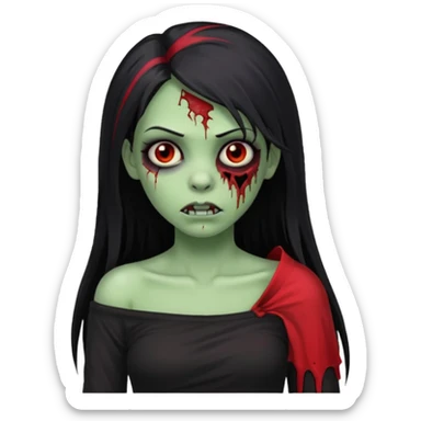 Garota zumbi com cabelo todo preto liso longo e mechas vermelhas na lateral da cabeça dos dois lados, usando uma blusa com um lado da manga caida preta  sticker
