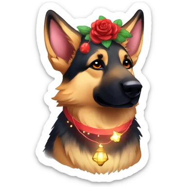 Midnight starry Brindled German shepherd fox carrying glowing red lantern, fairy lights, rose flower crown sticker