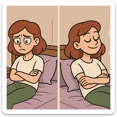 a girl in a bedroom, looking sad, then smelling a scent like from a candle or diffuser, her mood changing to relaxed, cartoon style sticker