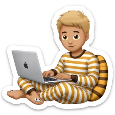 man in striped pajamas and fuzzy slippers typing on a laptop, emoji style sticker