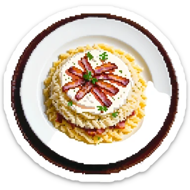A plate of risoni, topped with small pieces of bacon with cream sticker