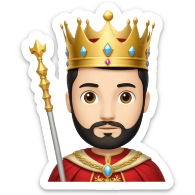 Bearded King, young king with short black beard, royal staff in hand, wearing crown
 sticker