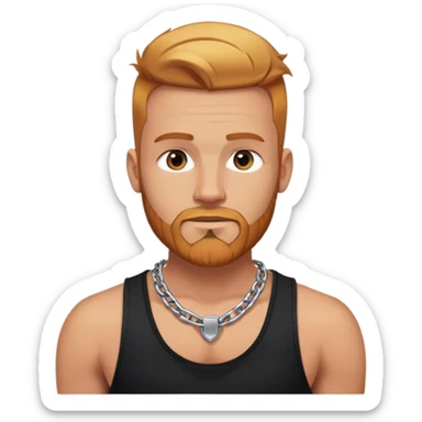 Buff hot man mid 30s selfie with thick silver chain link necklace and reddish blonde hair and beard with shaved sides of head and blond highlights on top in black tank top sticker