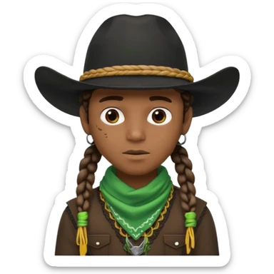 Black boy with 3 braids on each side of face wearing a black cowboy hat with green bandana around his neck sticker