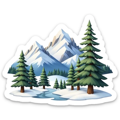Snowy mountains with pine trees scenic full scenery realistic real realism photography  sticker