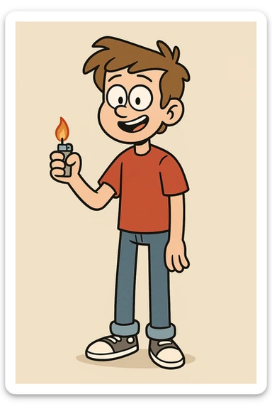 A boy lights brown hair sleeves with Red t-shirts blue jeans white shoes sticker