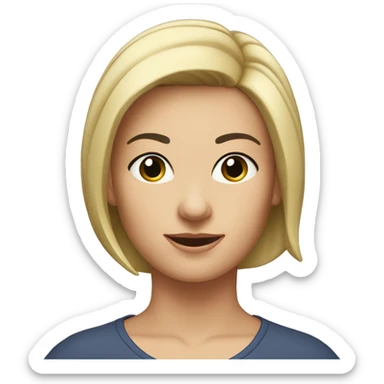 A head and shoulders shot of a 40 year old caucasian woman with black short hair wearing a tshirt. sticker