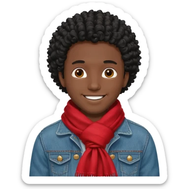 black skin man, curly black hair wear big red scraft, jean jacket sticker