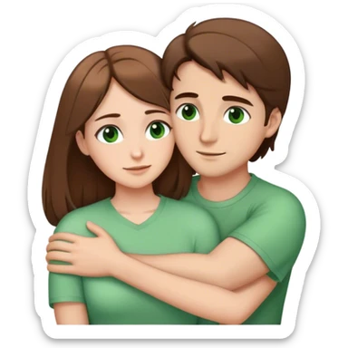white couple with brown hair, man has short hair and brown eyes. woman has long hair and green eyes .they’re hugging each other  sticker